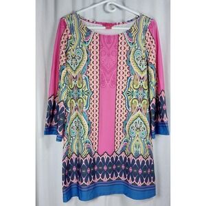 SUNNY LEIGH Floral‎ Tunic Dress Long Sleeve Women's Med Pink Multi Lily P. Style